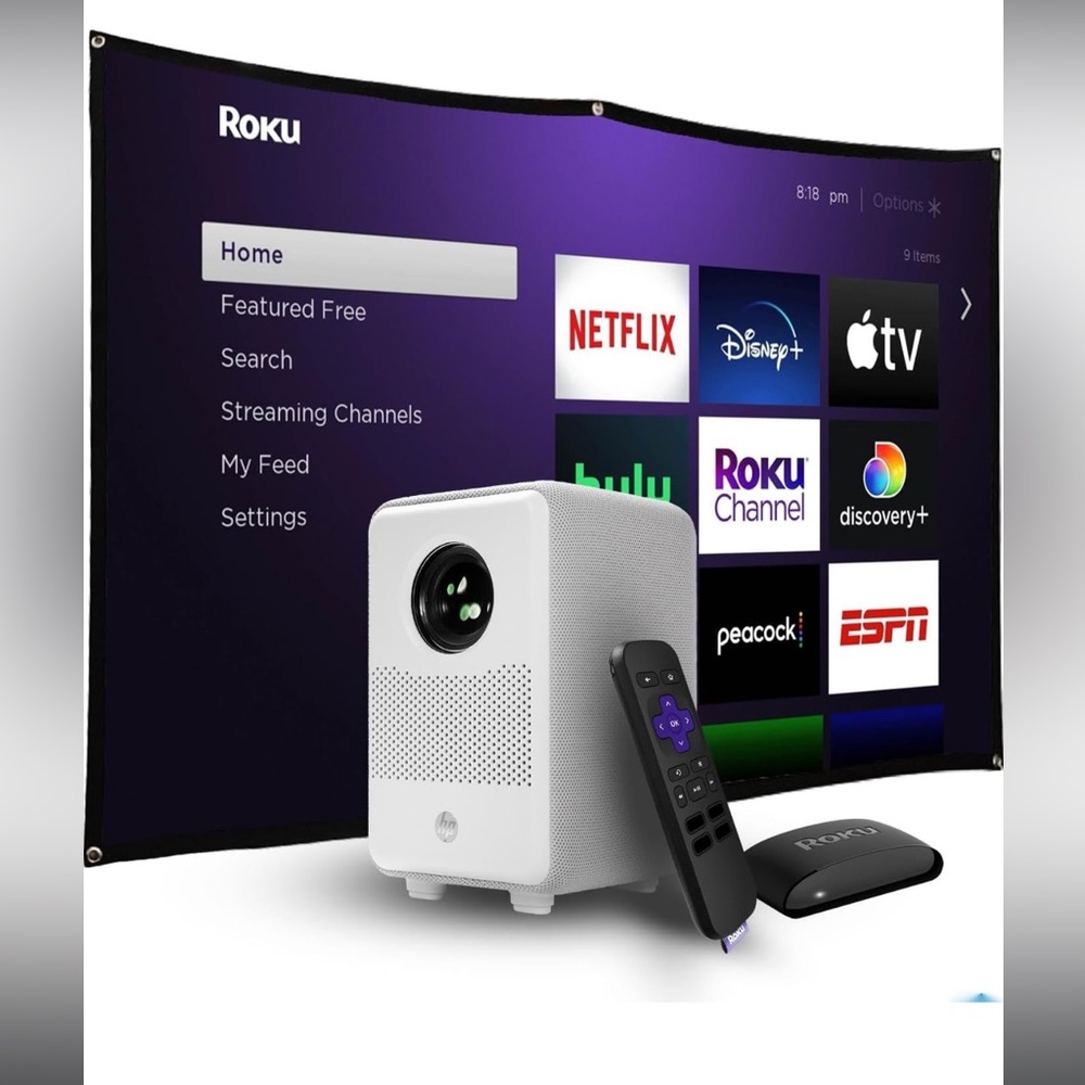 HP projector CC200
No Roku 
Comes with remote and designated cables